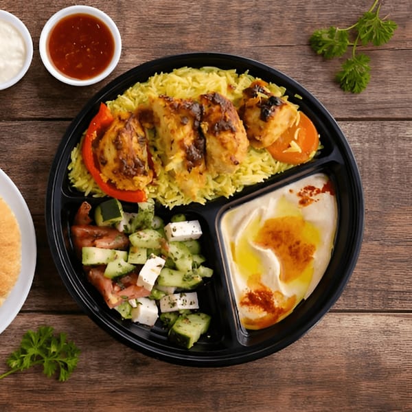 A black partitioned plate with chicken and rice, a cucumber and feta salad, and hummus.