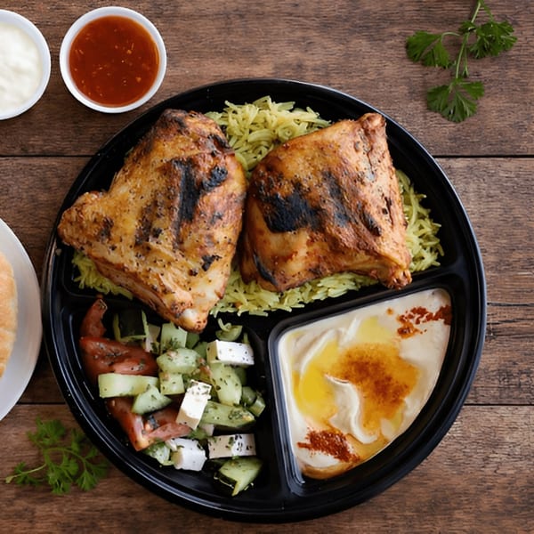 Grilled chicken, yellow rice, salad, and hummus in a black to-go container on a wooden table.