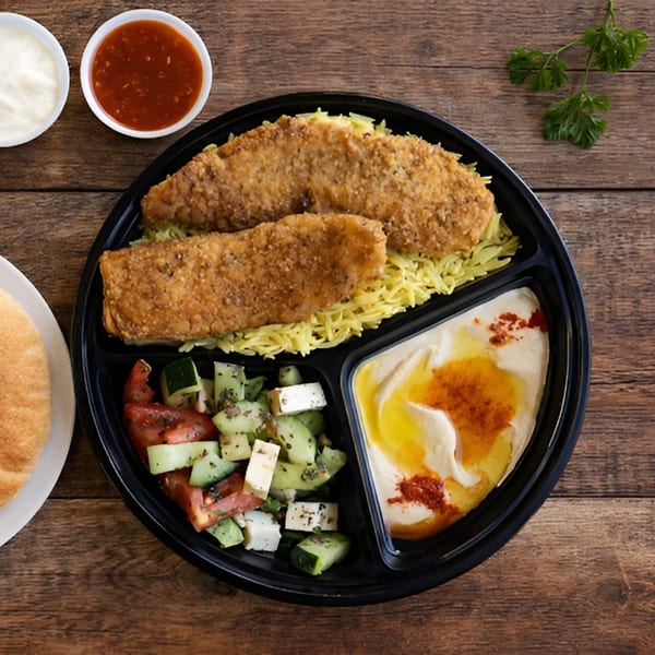Fried chicken tenders with yellow rice, hummus, salad, pita bread, and dipping sauces on wood.