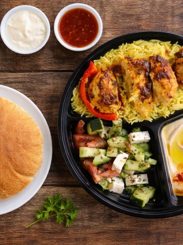 Chicken kabob plate with rice, salad, hummus and pita bread