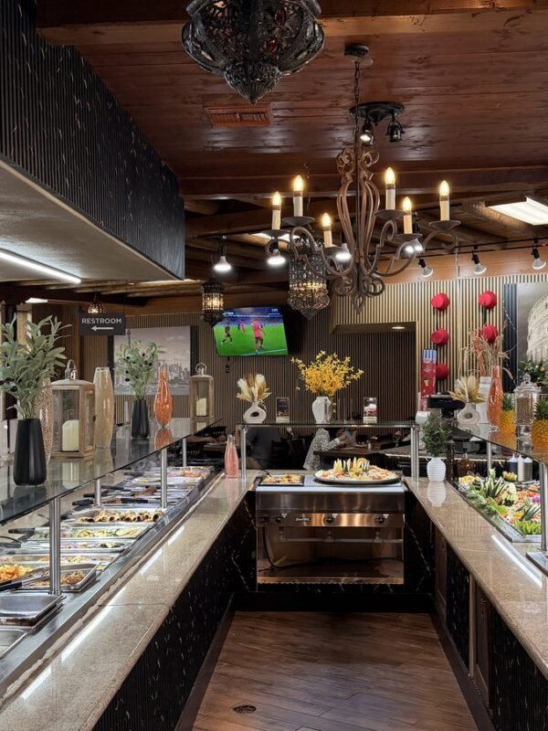 The hot and cold buffet line inside Ehab Mediterranean Buffet